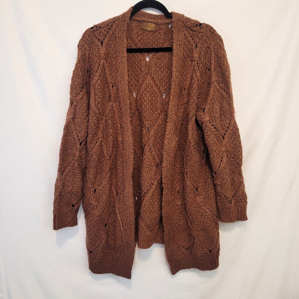 POL Brown Open Front Cardigan Textured Knit Cozy Boho Grandpa Sweater Large